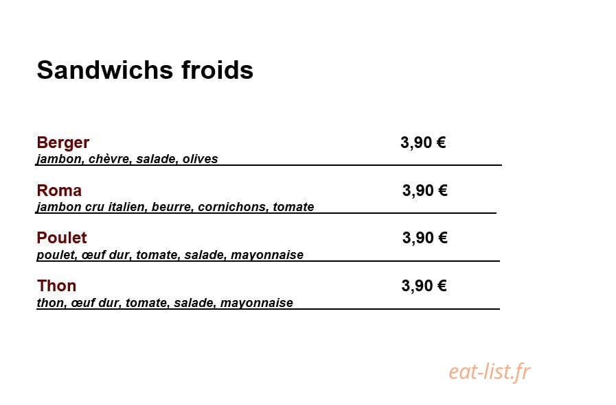 Carte et menu de Pasta in Festa à Montigny les Metz — Les sandwiches froides