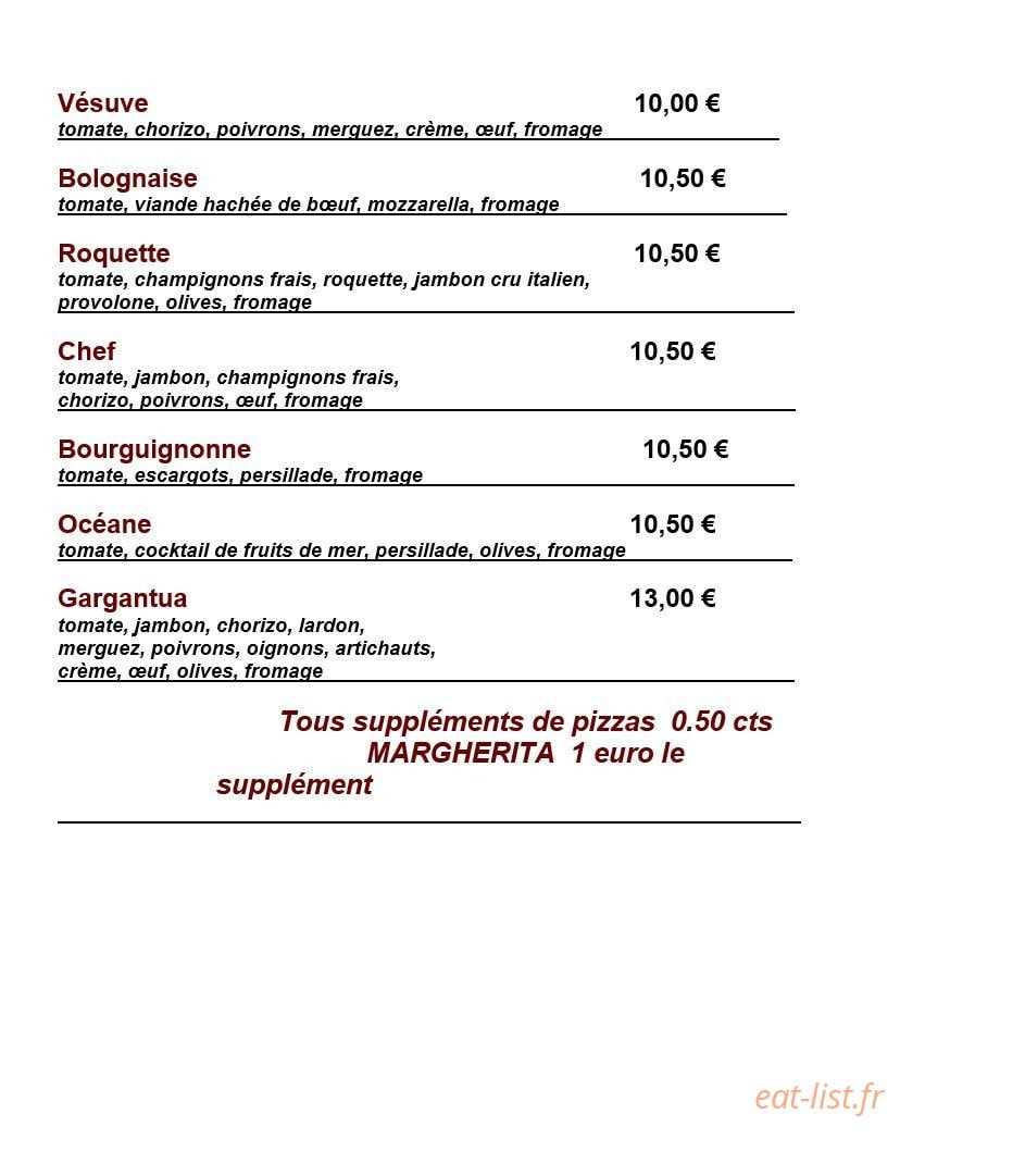 Carte et menu de Pasta in Festa à Montigny les Metz — Les pizzas base tomate