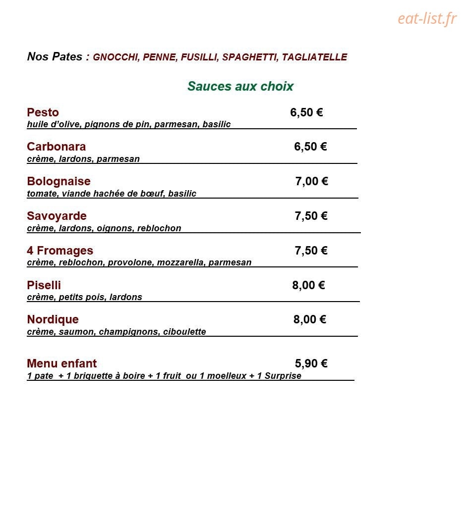 Carte et menu de Pasta in Festa à Montigny les Metz — Les pâtes