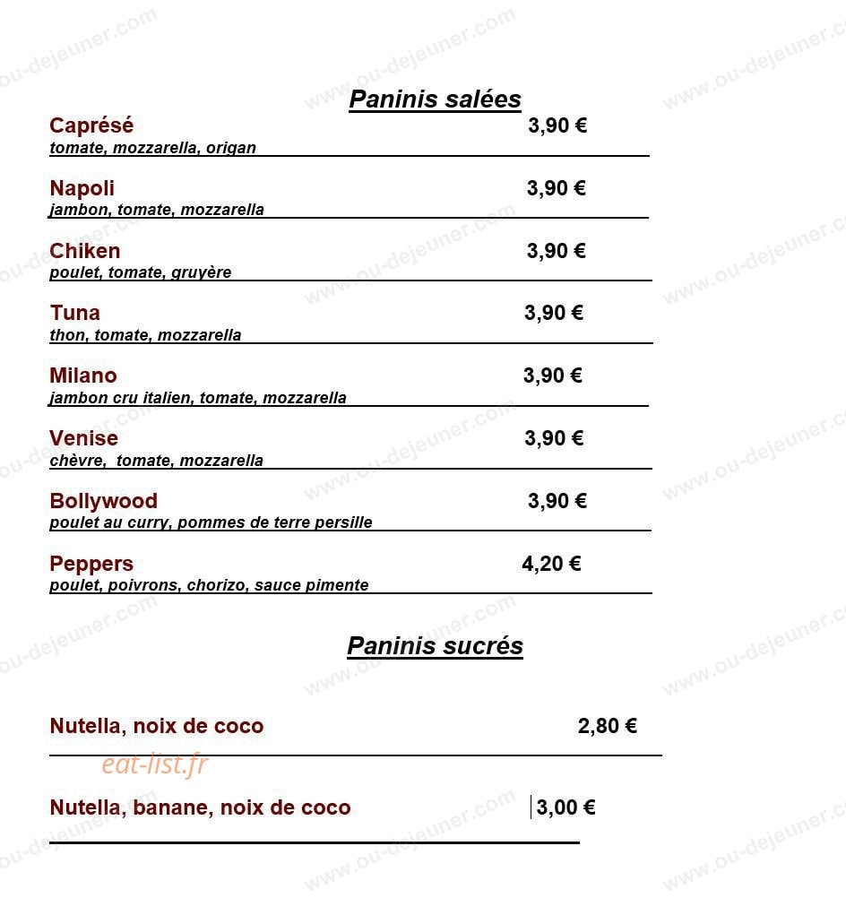 Carte et menu de Pasta in Festa à Montigny les Metz — Les paninis