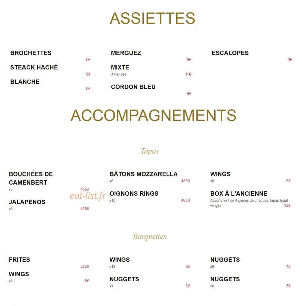 Carte et menu de Pizzeria à L'Ancienne à Montigny les Metz — Les assiettes et accompanements