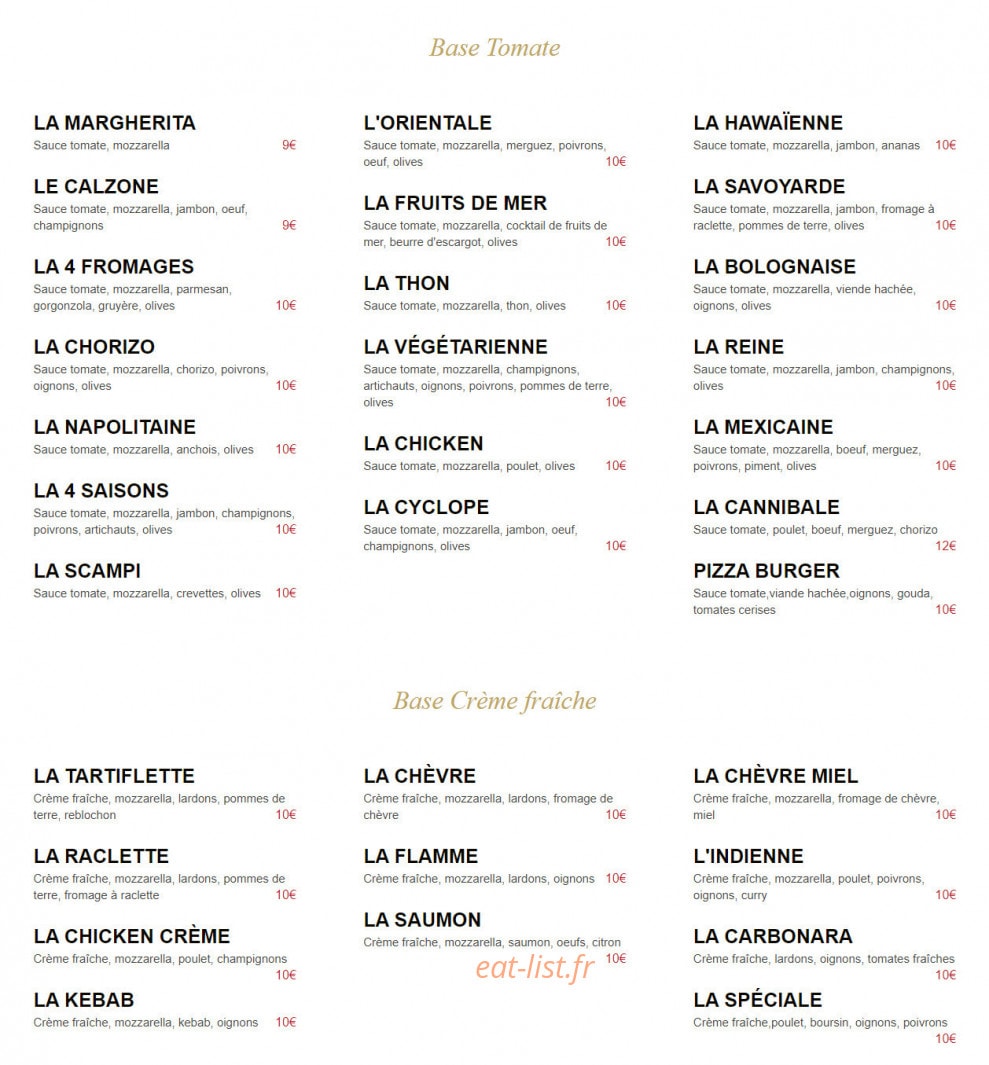 Carte et menu de Pizzeria à L'Ancienne à Montigny les Metz — Les pizzas