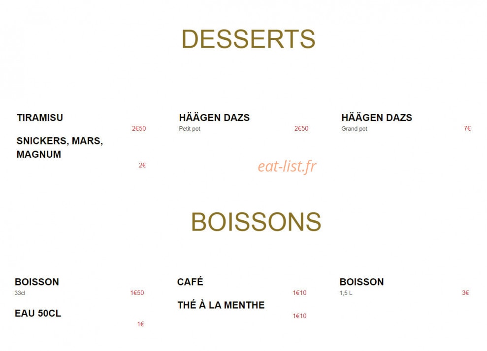 Carte et menu de Pizzeria à L'Ancienne à Montigny les Metz — Les desserts et boissons