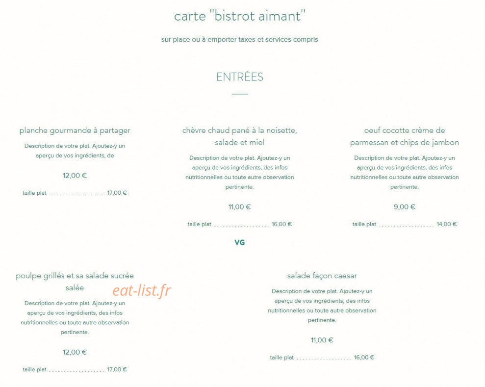Bistrot aimant — carte page 1