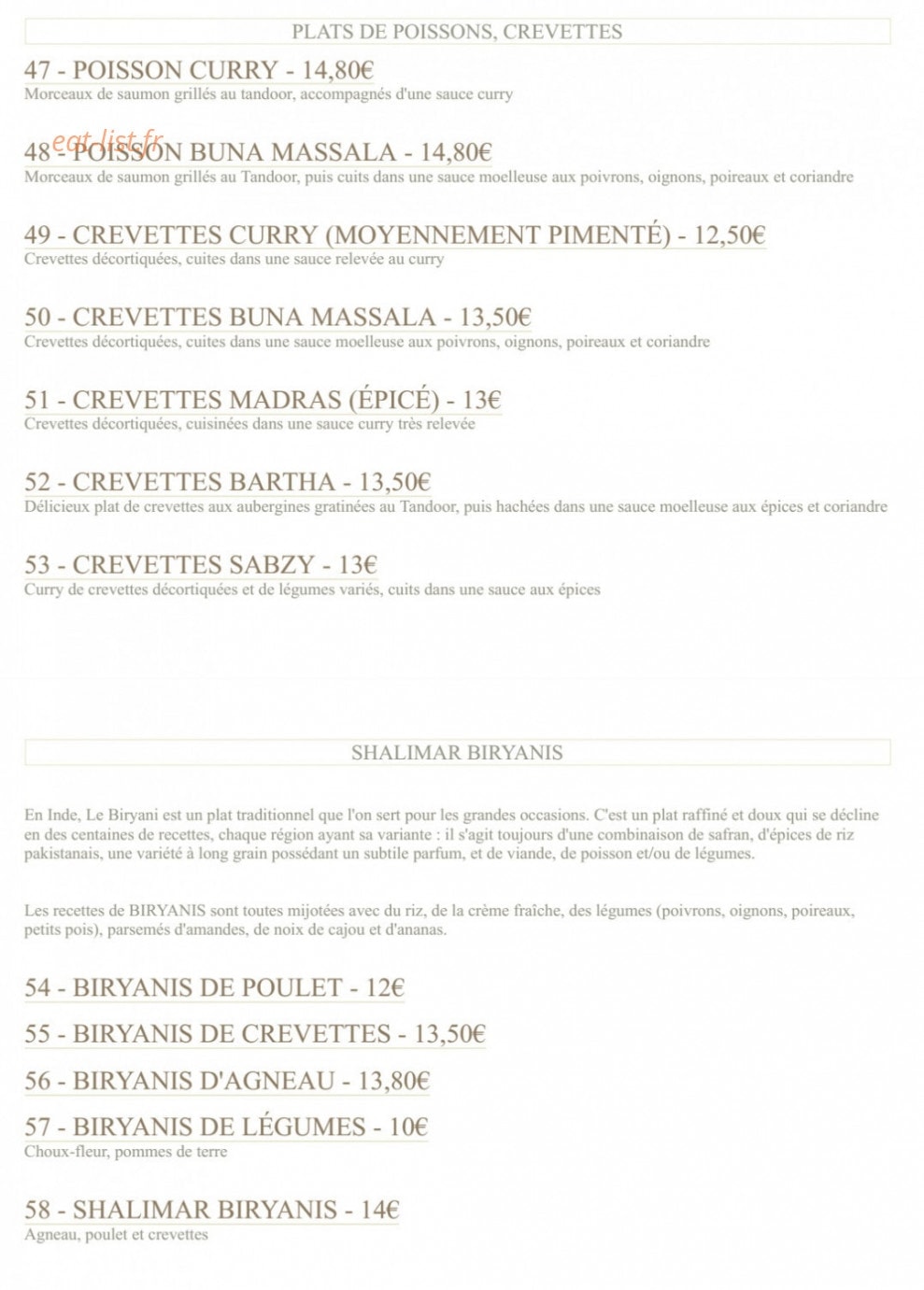 Le restaurant Shalimar — carte page 4