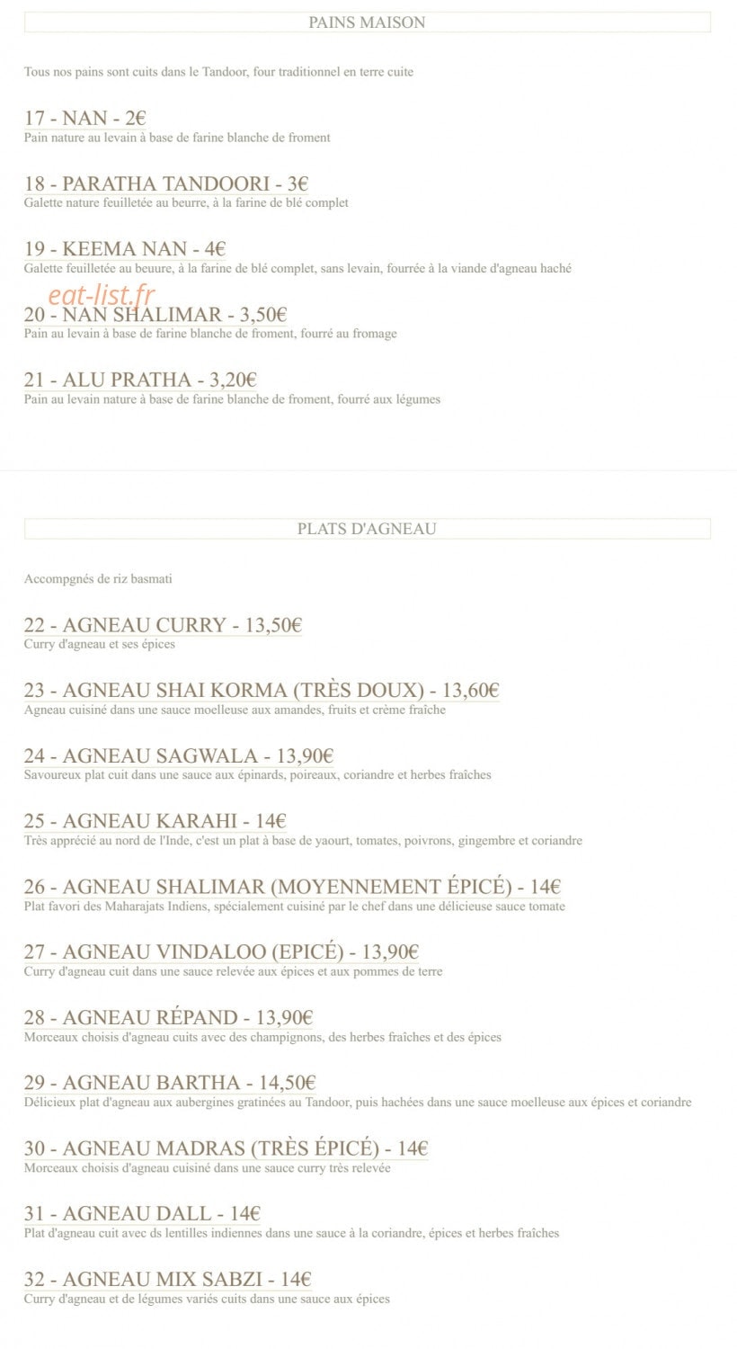 Le restaurant Shalimar — carte page 2