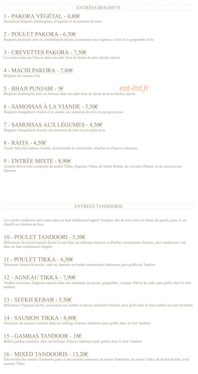 Le restaurant Shalimar — carte page 1