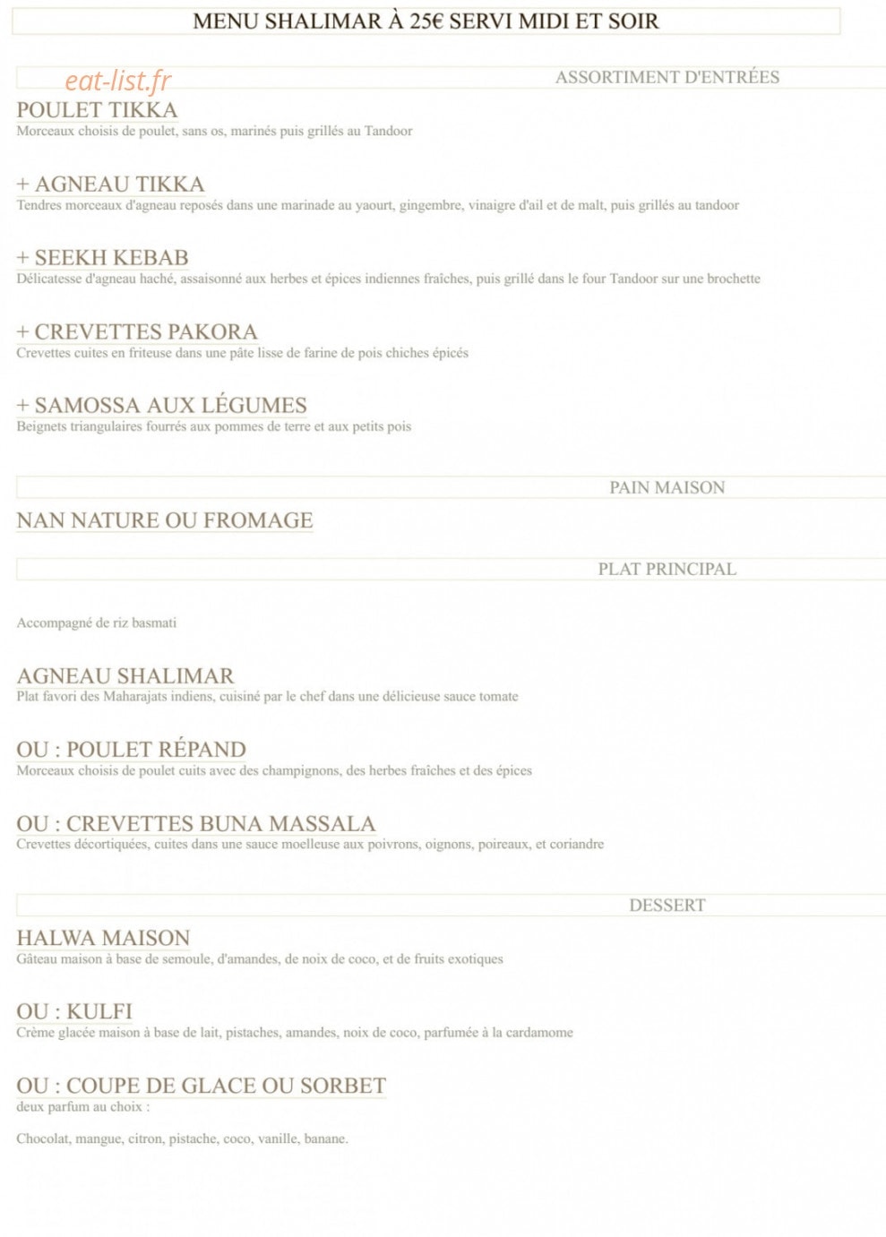 Le restaurant Shalimar — carte page 9