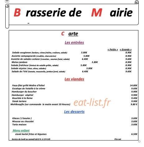 Carte et menu de Brasserie de la mairie à Sarreguemines — Les plats à la carte