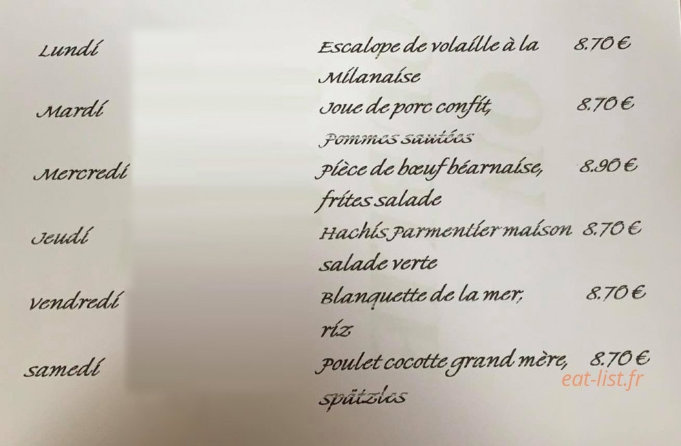 Carte et menu de Brasserie de la mairie à Sarreguemines — Un exemple des plats de la semaine