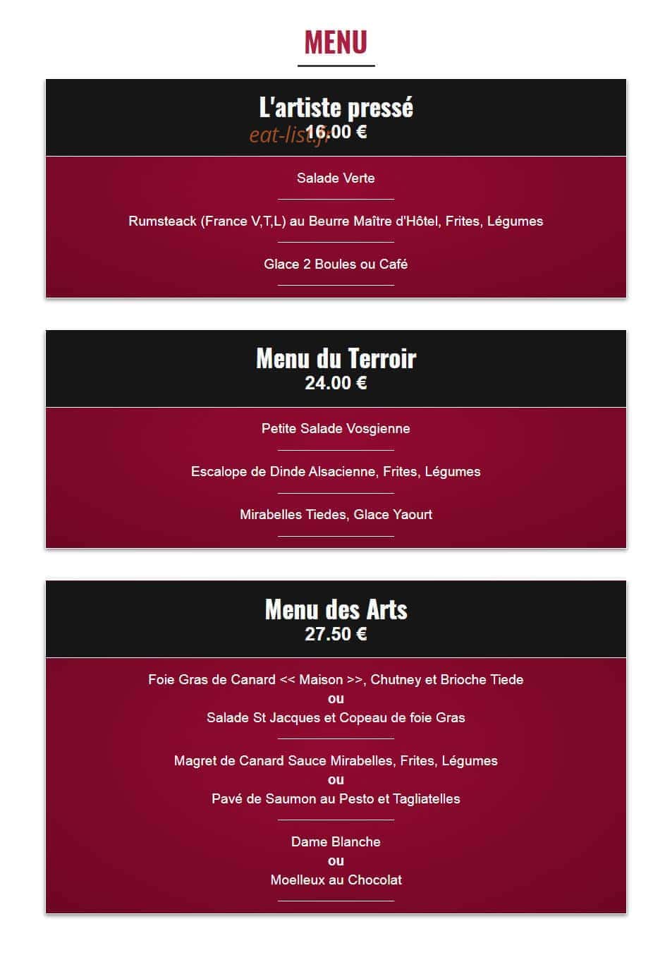 La Brasserie des Arts — carte page 1