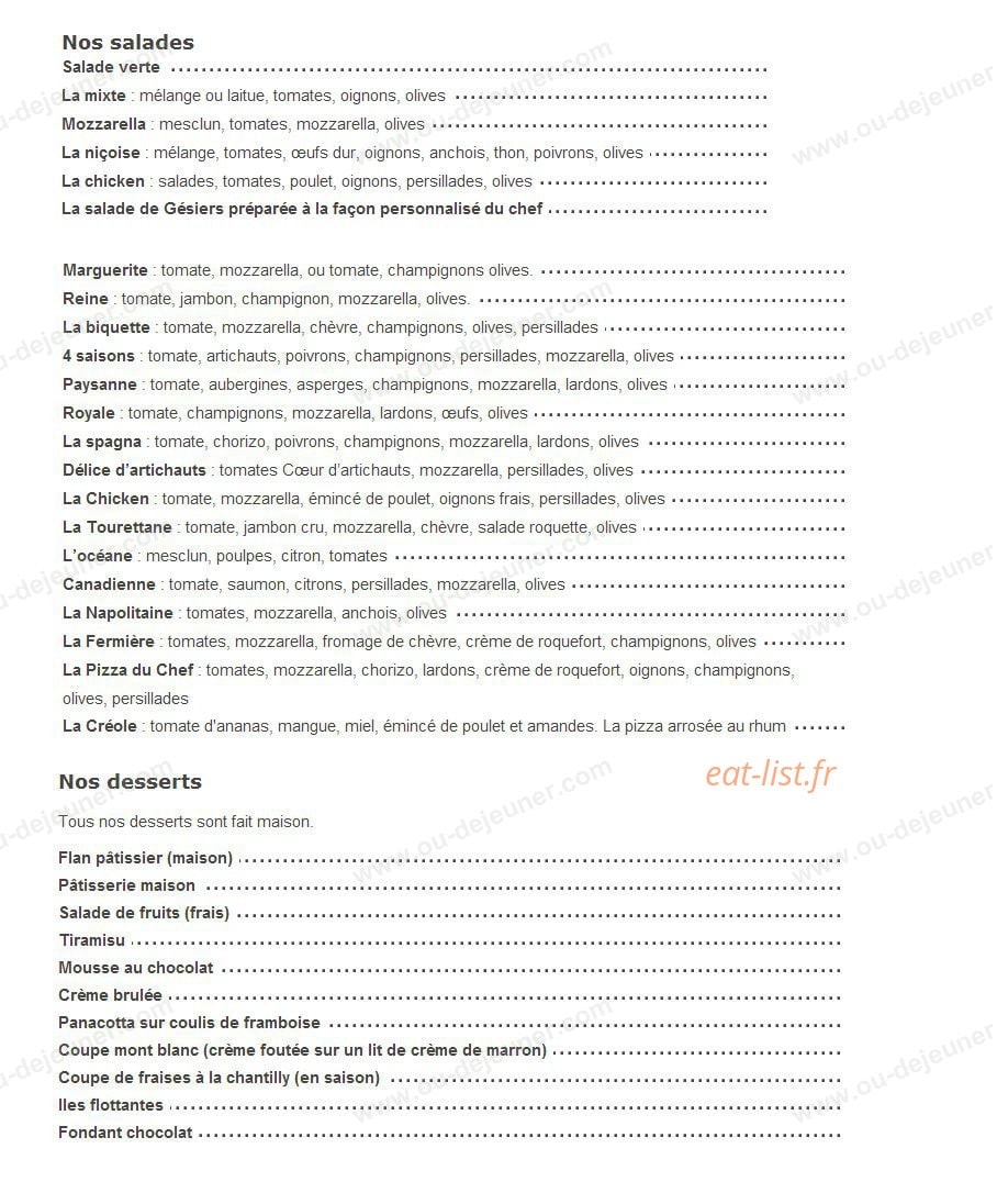 Le restaurant Pizzeria des Arts — carte page 2