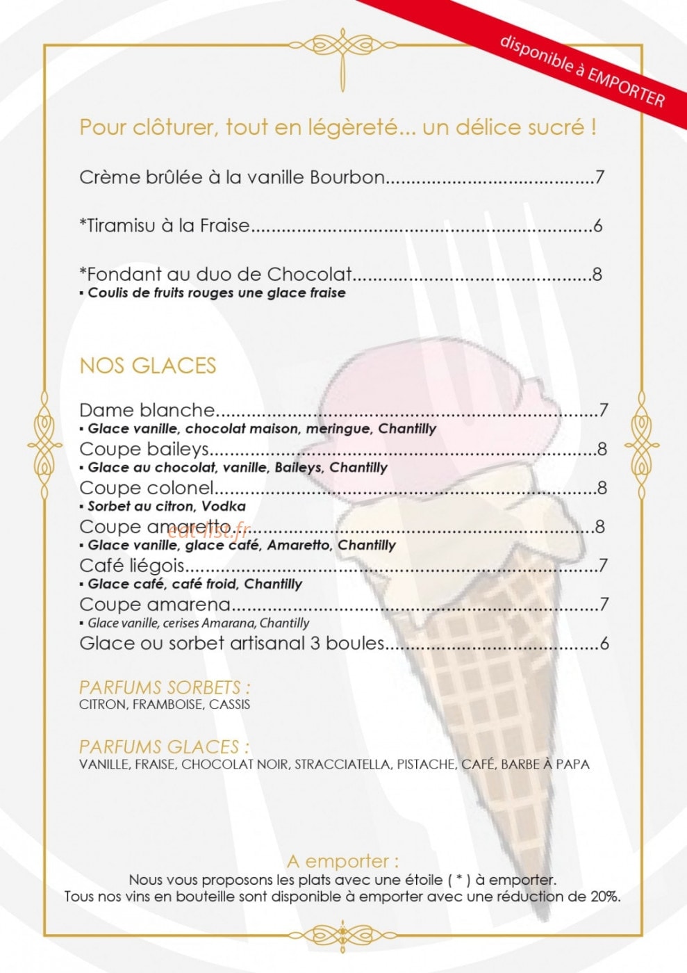 Carte et menu de La Cloche d'or à Maizieres les Metz — Desserts et glaces