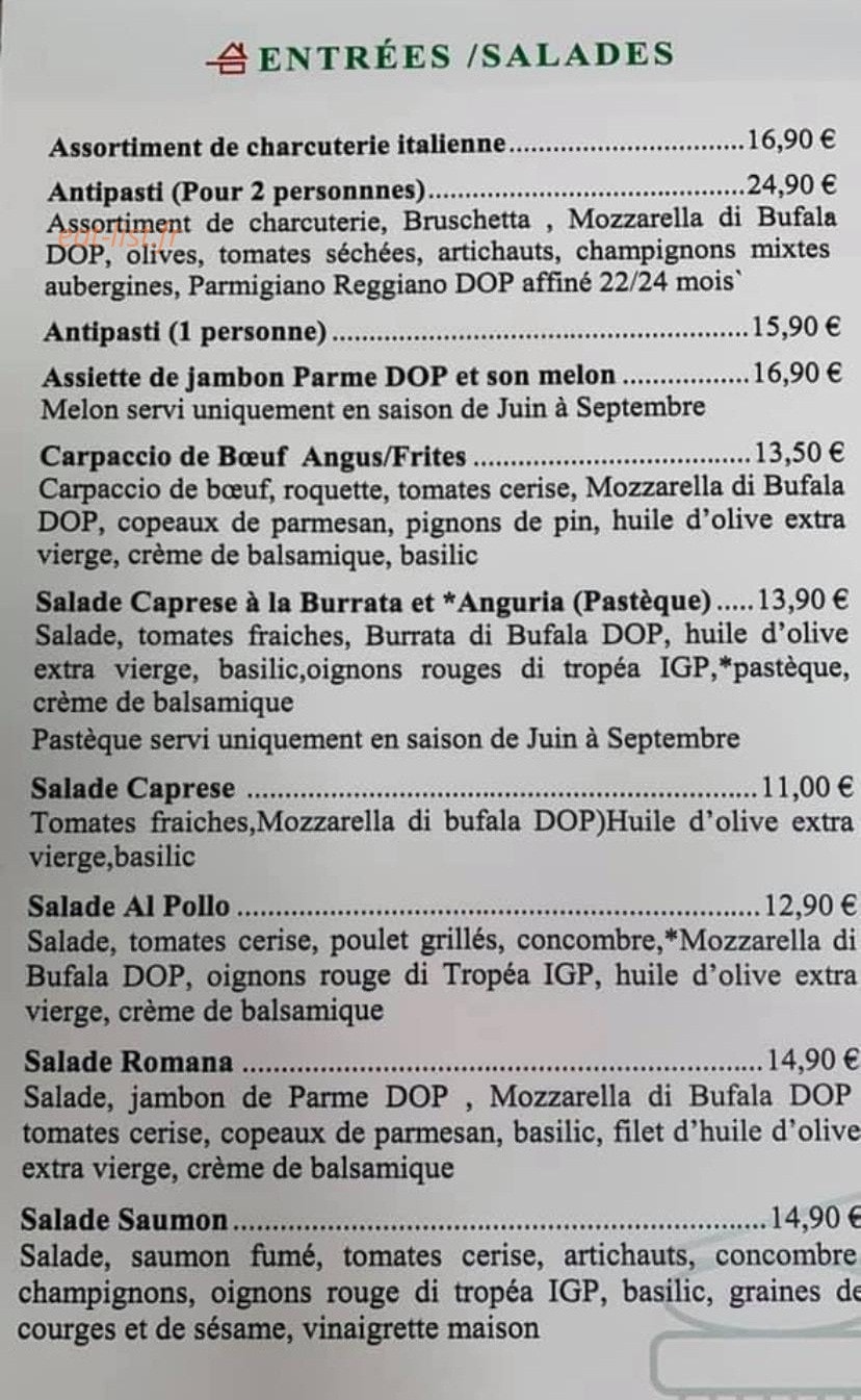 Carte et menu de La Romana à Maizieres les Metz — Les entrées et salades