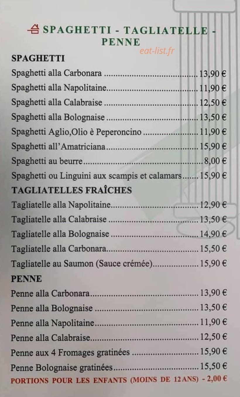 Carte et menu de La Romana à Maizieres les Metz — Les spaghetti, tagliatelle et penne