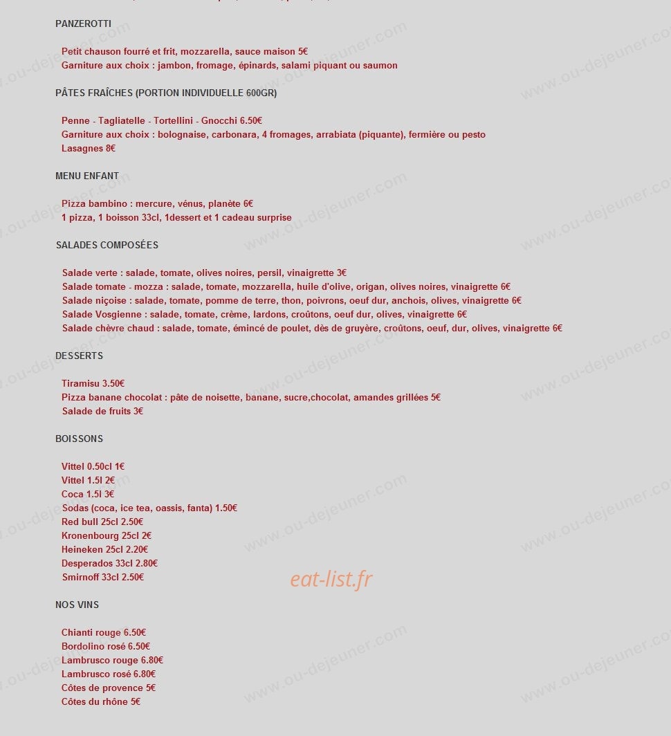 Planet Pizza — carte page 2