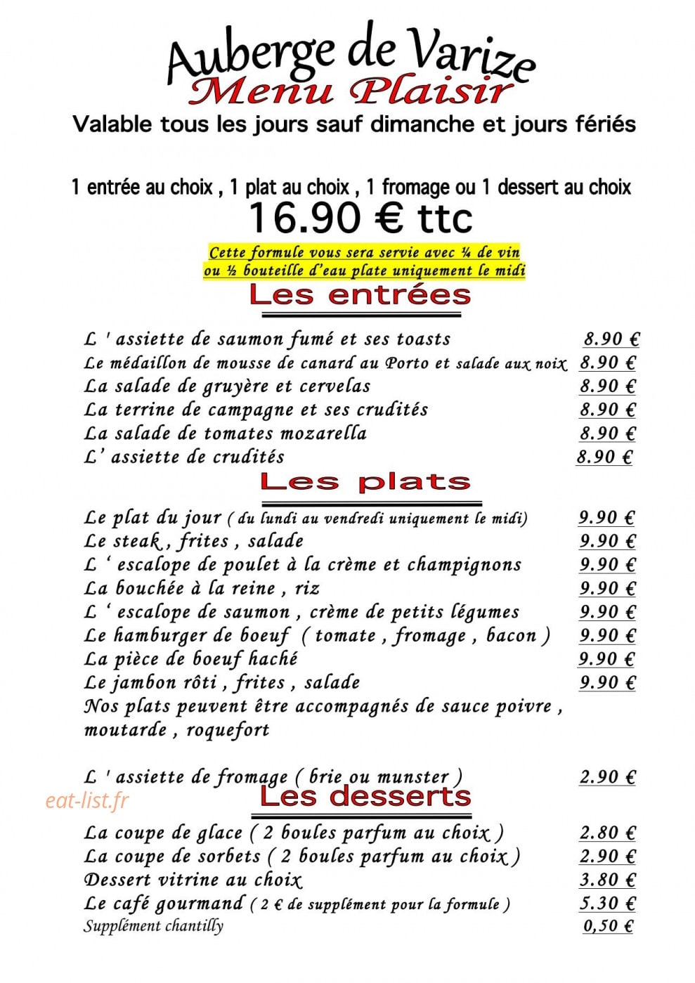 L'Auberge de Varize — carte page 1