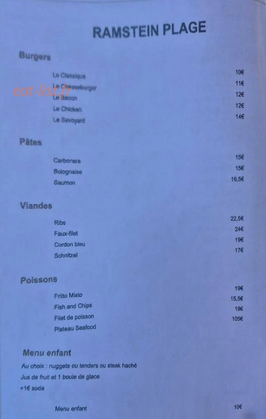 Carte et menu de Ramstein Plage à Baerenthal — Menu 1