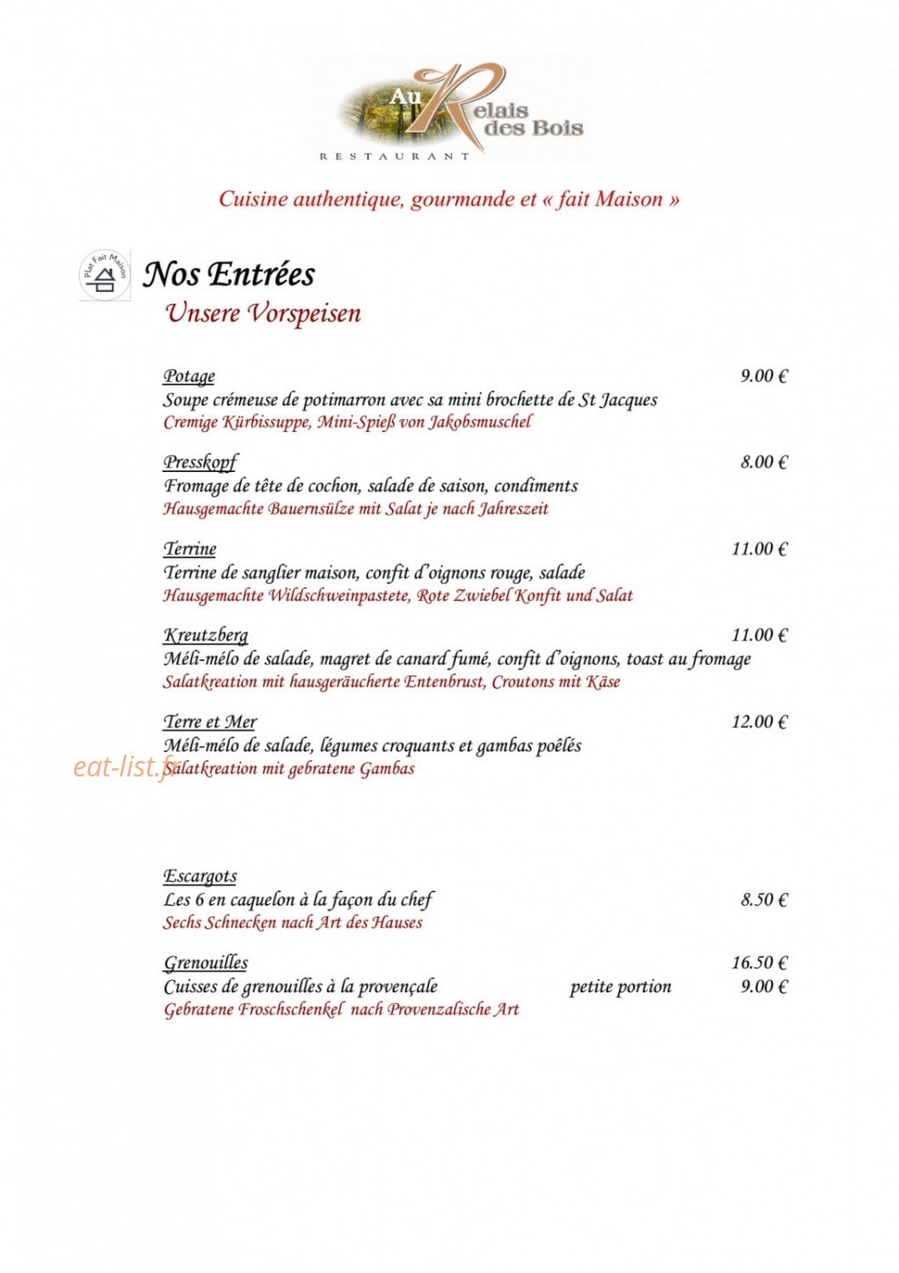 Au Relais des Bois — carte page 1