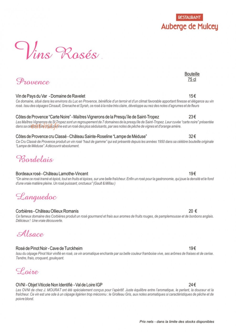 Auberge de Mulcey — carte page 14
