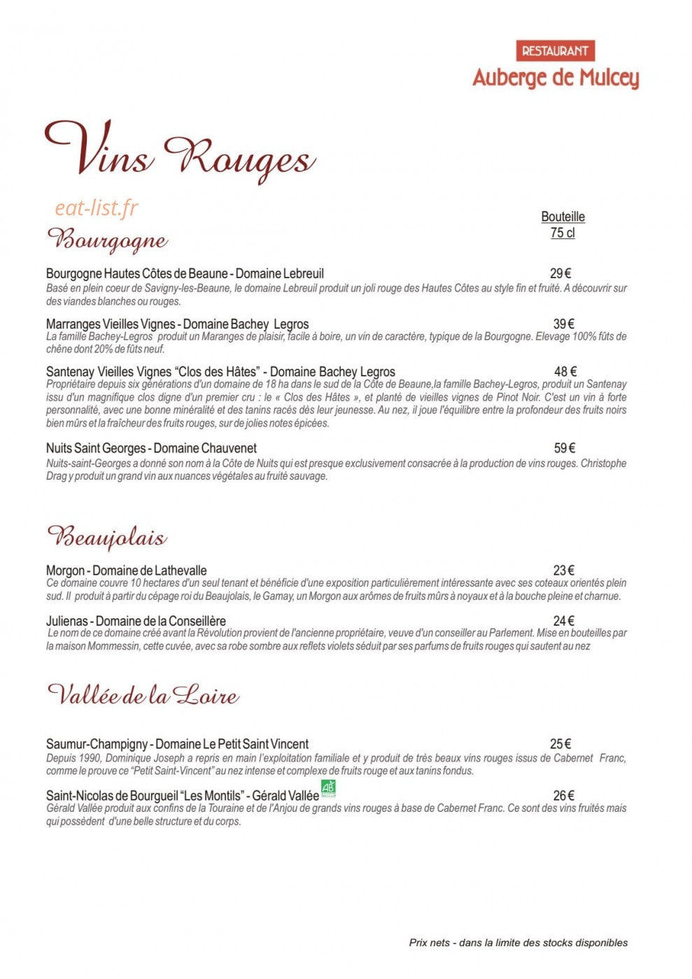 Auberge de Mulcey — carte page 12