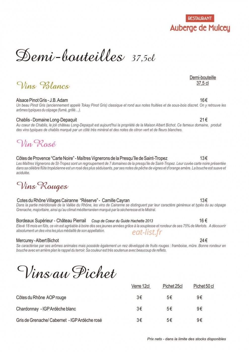 Auberge de Mulcey — carte page 15