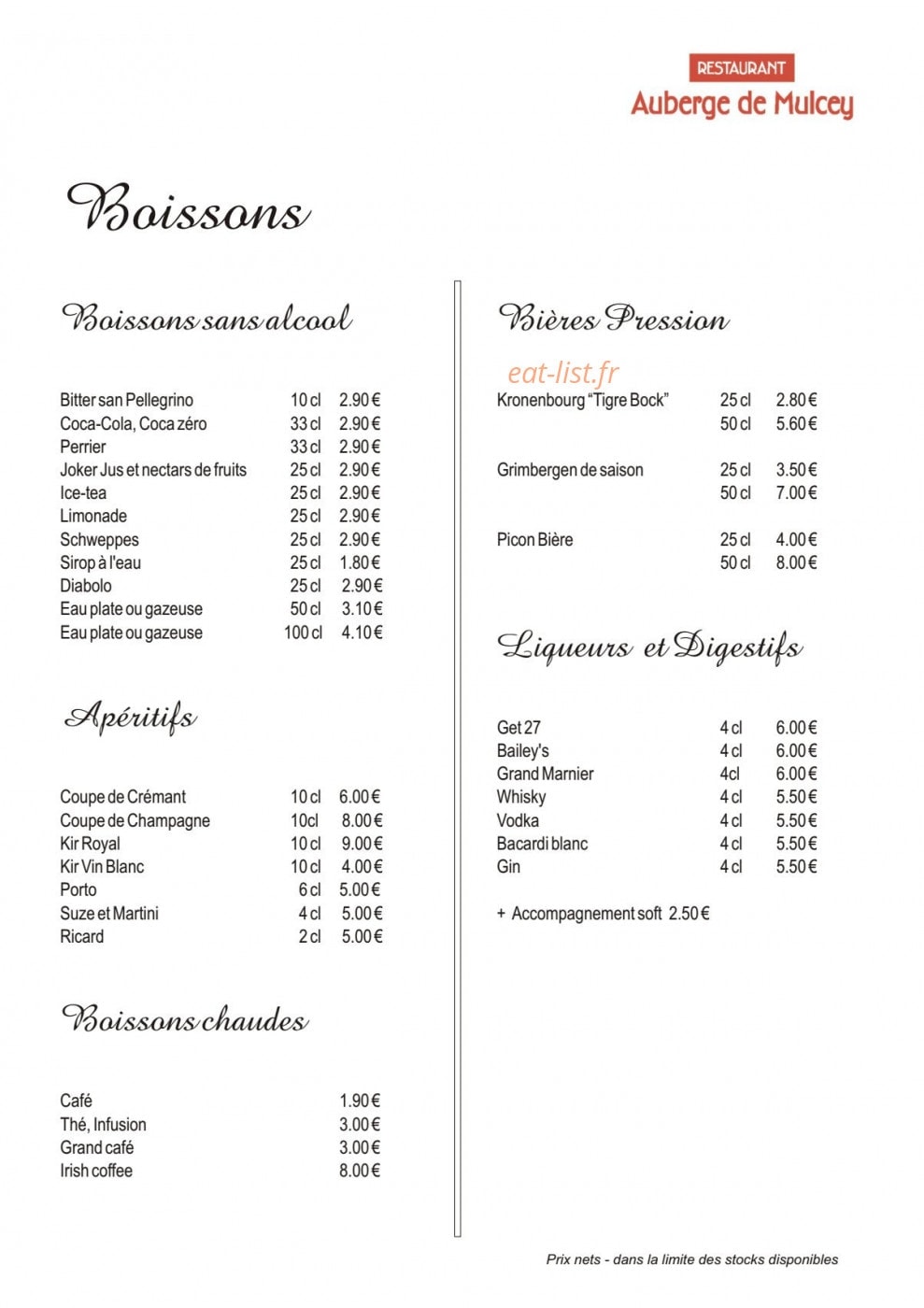 Auberge de Mulcey — carte page 16