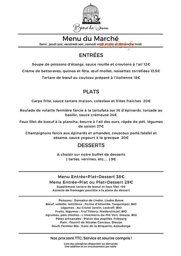 Bistrot des Oiseaux — carte page 1