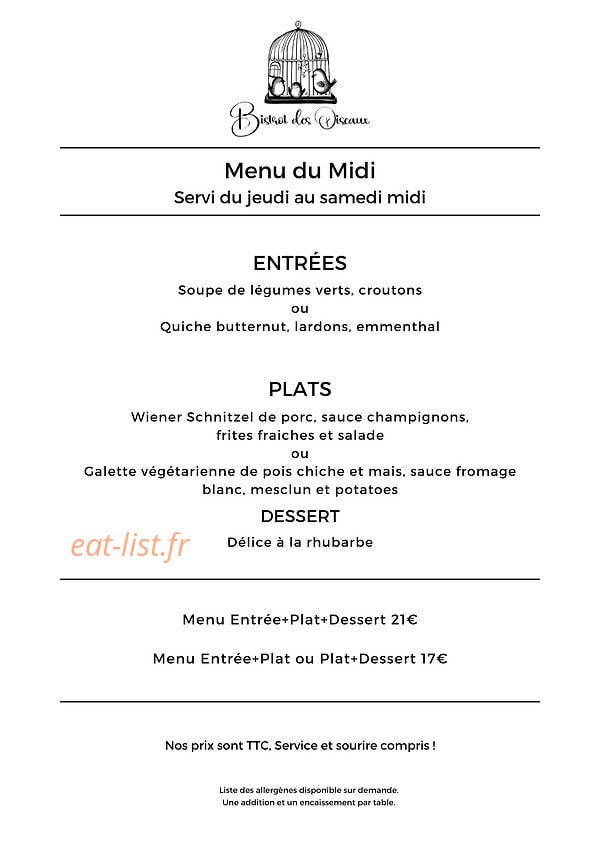 Bistrot des Oiseaux — carte page 2