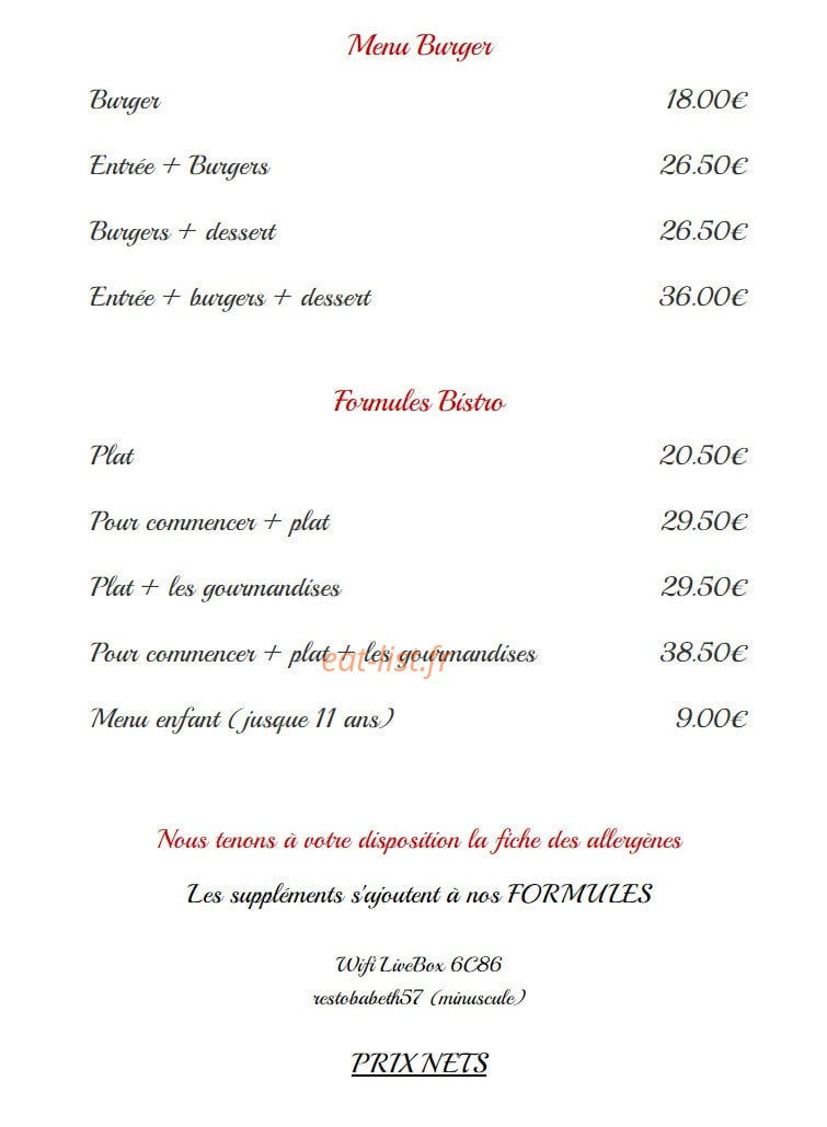 Le Resto de Babeth — carte page 1