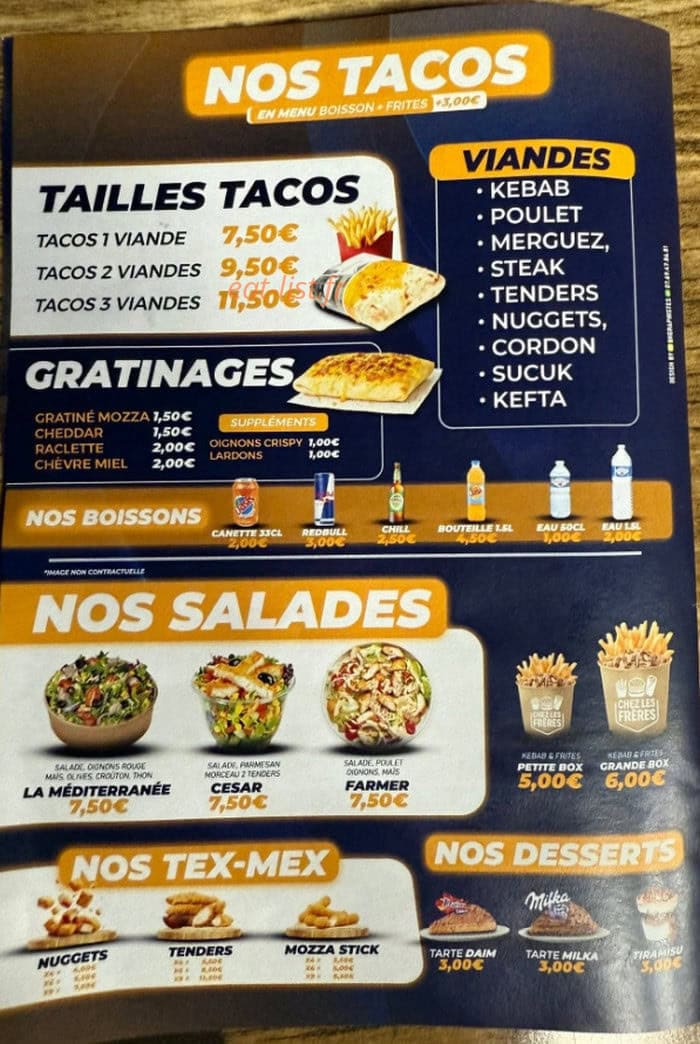 Carte et menu de Chez les frères à Bouzonville — Tacos, salades...