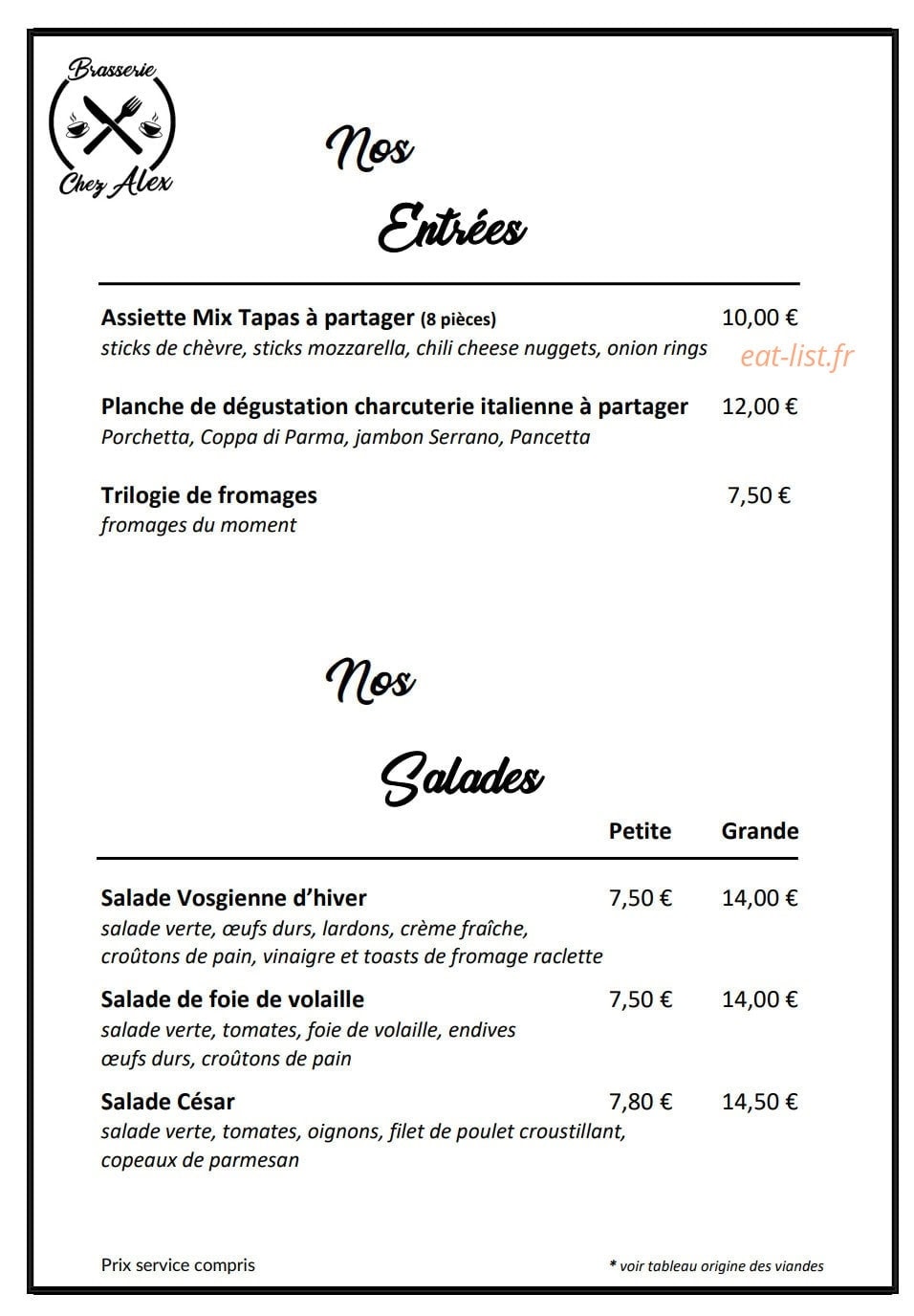 Brasserie chez Alex — carte page 1