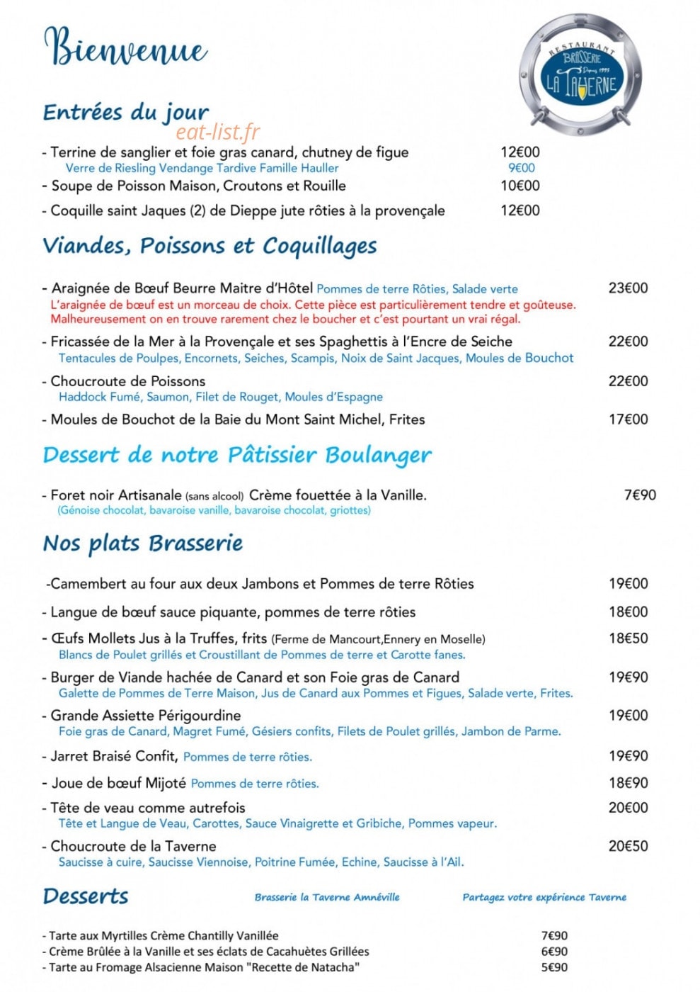 Carte et menu de Brasserie la Taverne à Amneville — La carte