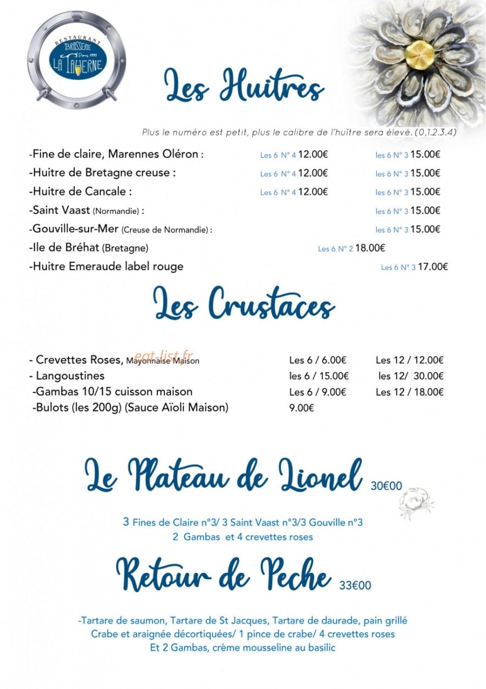Carte et menu de Brasserie la Taverne à Amneville — Carte des fruits de mer