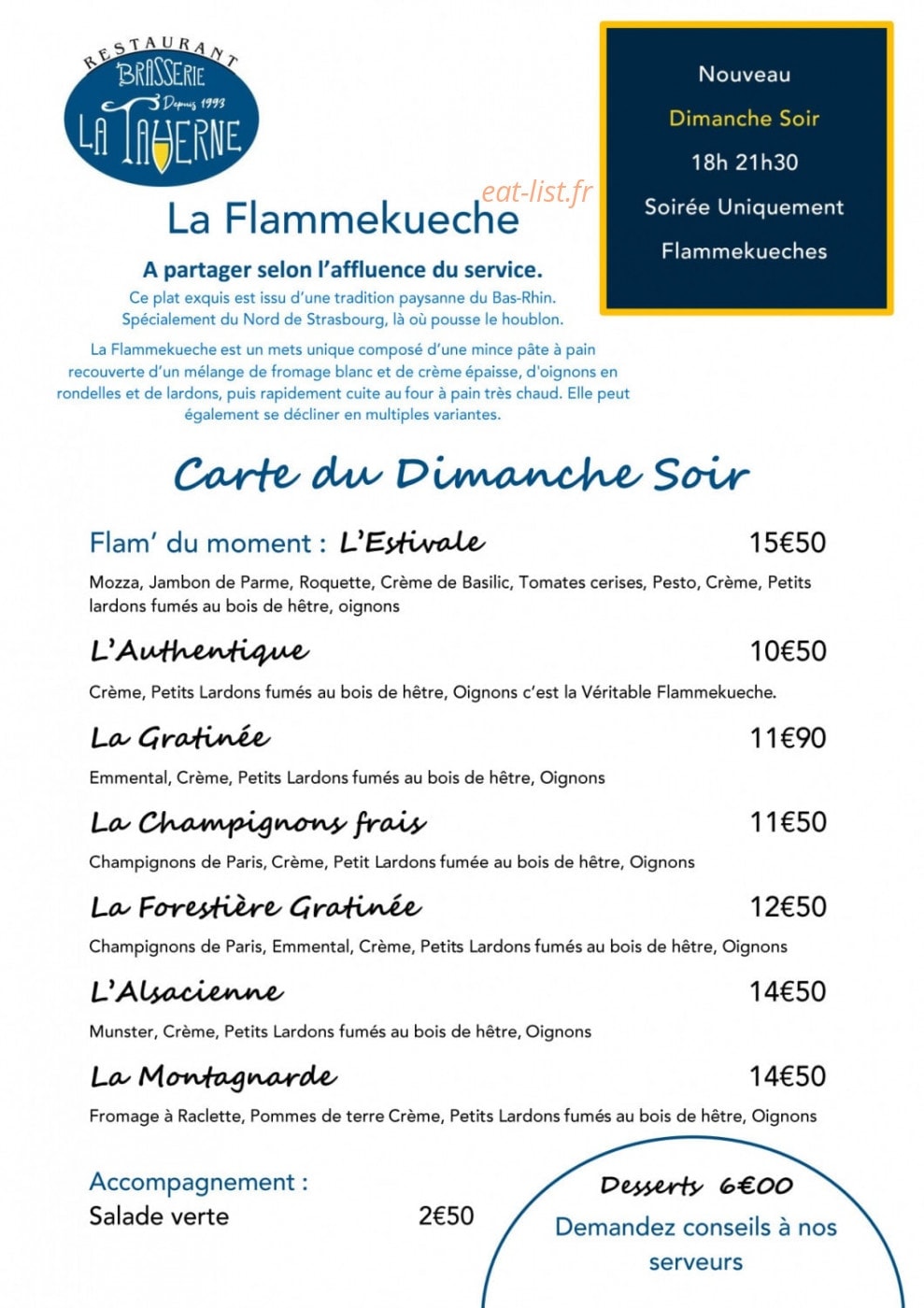 Carte et menu de Brasserie la Taverne à Amneville — Carte du dimanche soir