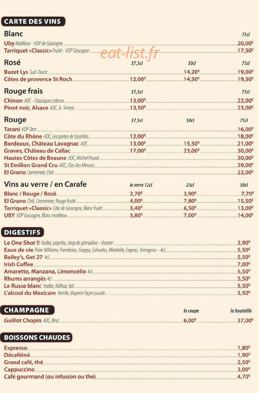 Carte et menu de Les Tontons Flingueurs à Amneville — Les vins, digestifs, champagnes et boissons chaudes