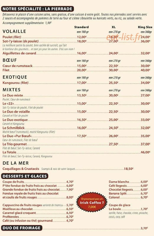 Carte et menu de Les Tontons Flingueurs à Amneville — Les spécialités, desserts, glaces et fromages