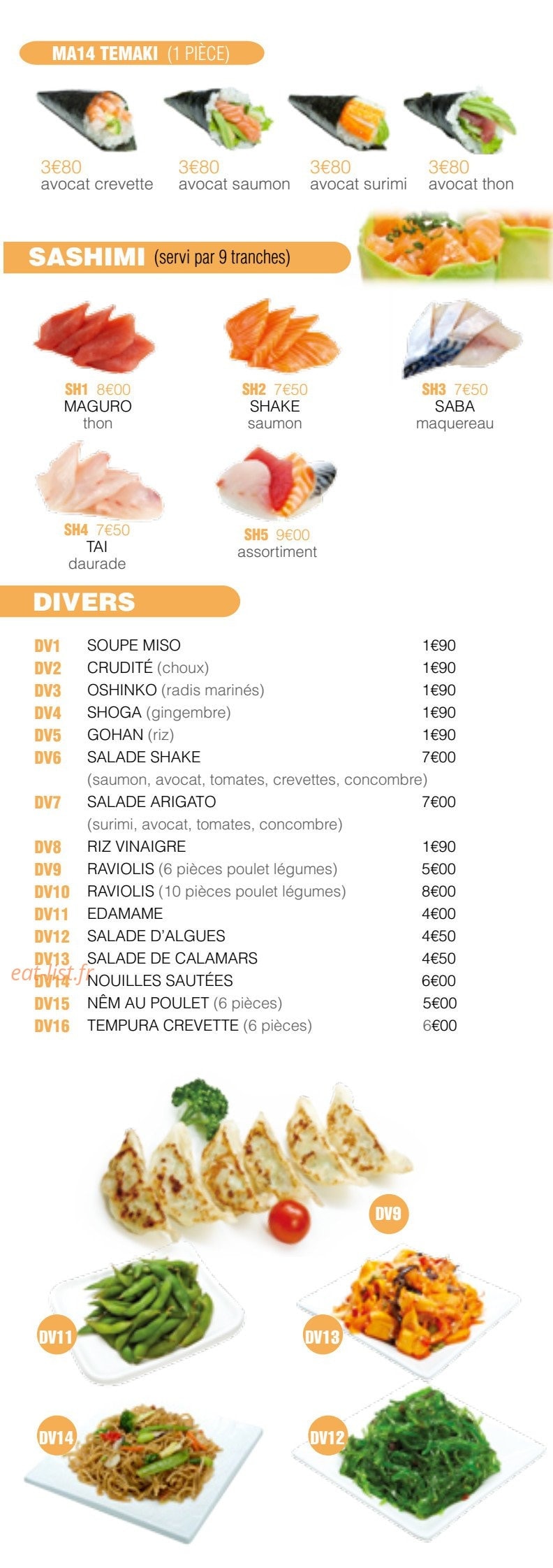 Carte et menu de Oky Sushi à Amneville — Les temakis, sashimis et divers