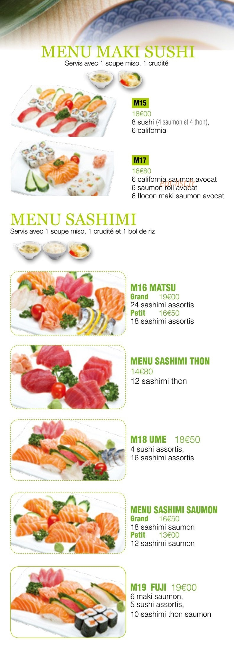 Carte et menu de Oky Sushi à Amneville — Les menus maki sushi suite et menus sashimi