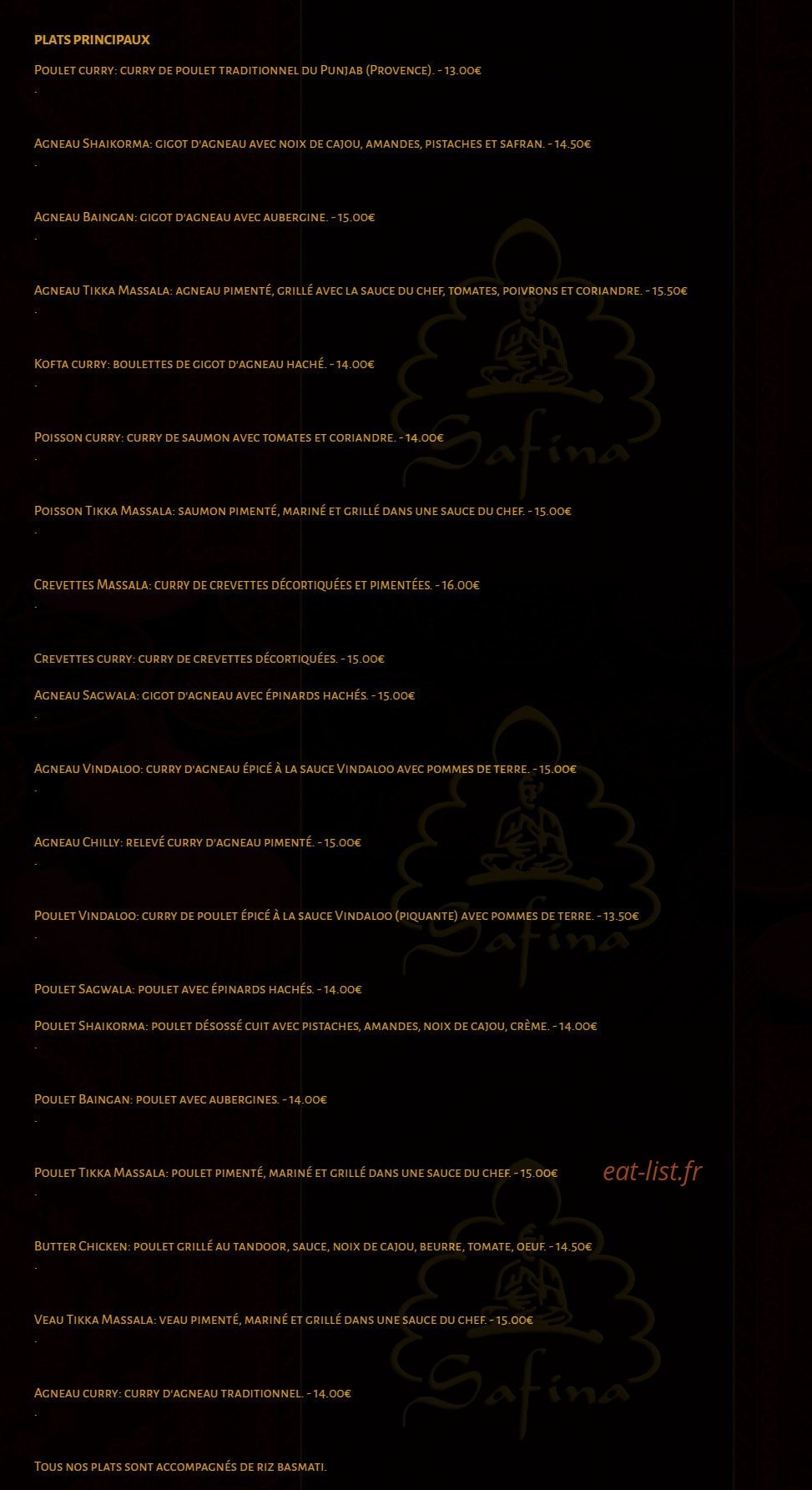 Carte et menu de Restaurant Safina à Amneville — Les plats