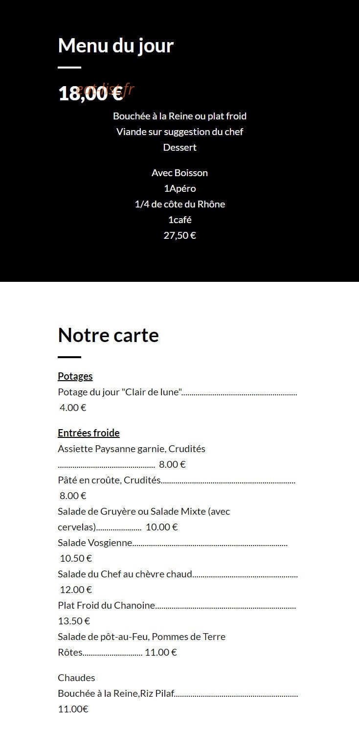 Carte et menu de Hôtel Restaurant Saint-Augustin Famille Wagner à Mittelbronn — Le menu du jour, potages et entrées froides