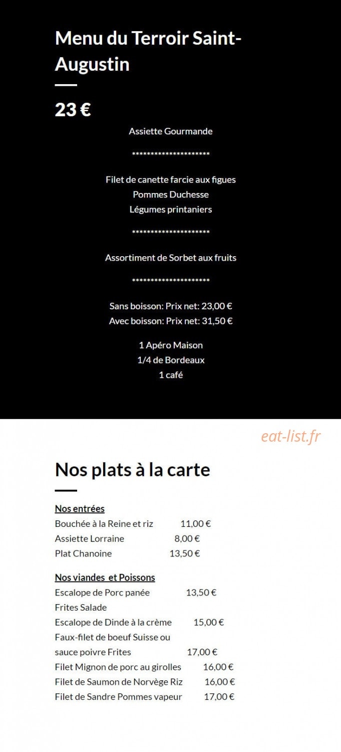 Carte et menu de Hôtel Restaurant Saint-Augustin Famille Wagner à Mittelbronn — Le menu à 23€, entrées, viandes et poissons