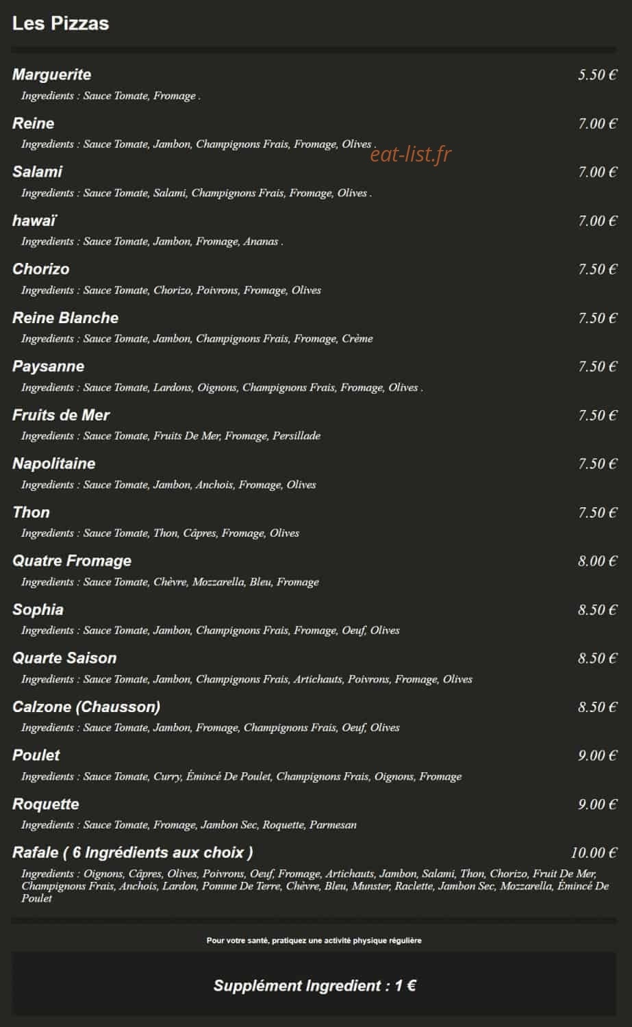 La Grange à Pizzas — carte page 1
