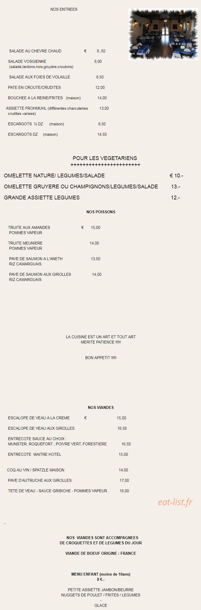 Auberge de la Frohmuhl — carte page 1