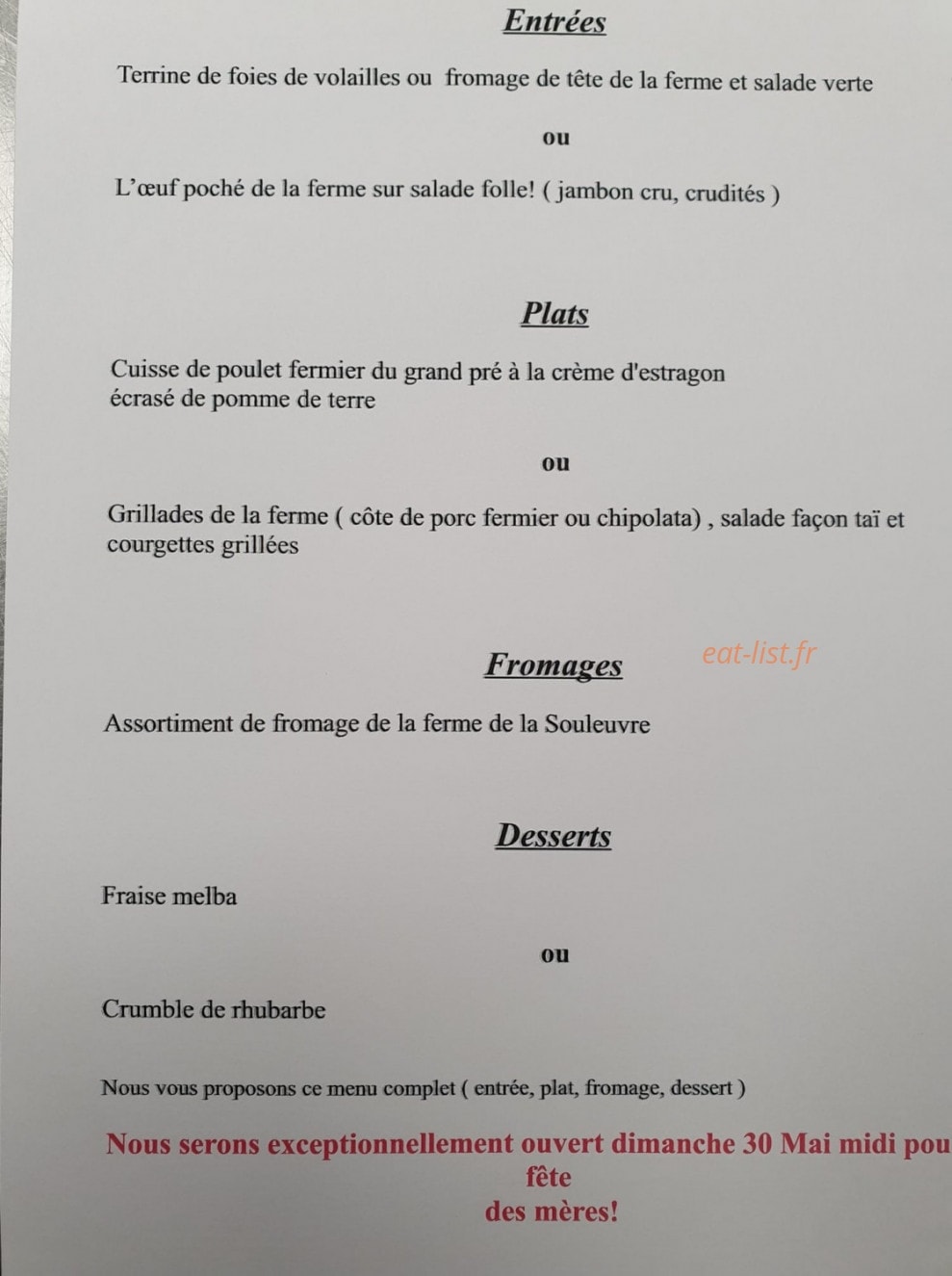 Auberge du grand pré — carte page 1