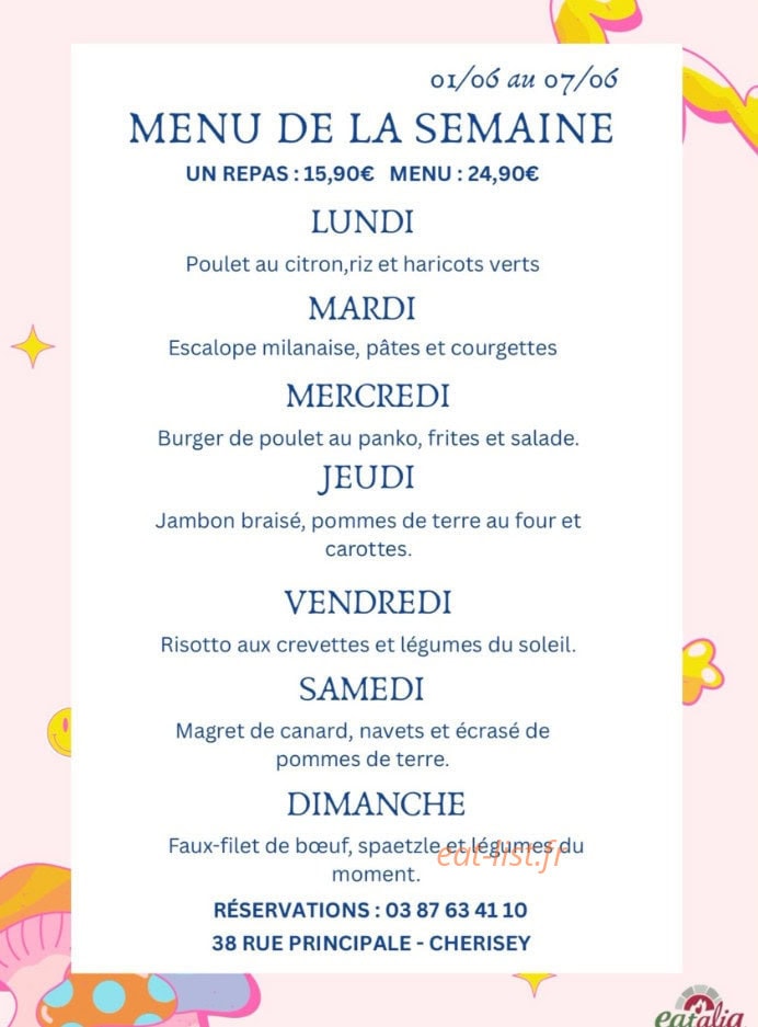 Carte et menu de Eat'alia à Verny — Exemple de menu de la semaine