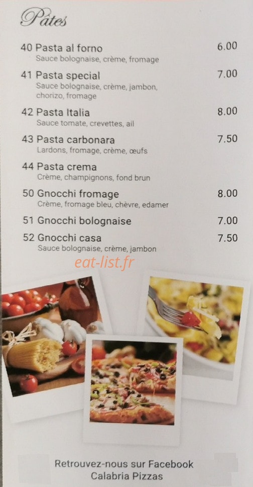 Calabria Pizzas — carte page 2