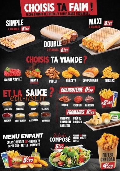 Carte et menu de O'Coq Food à Farebersviller — Les tacos, salades et menus enfants
