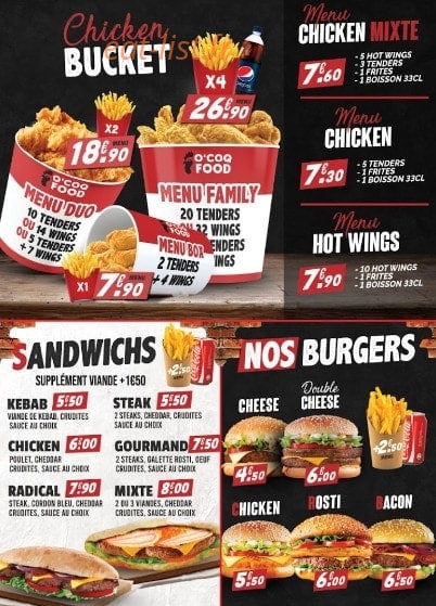Carte et menu de O'Coq Food à Farebersviller — Les burgers, sandwichs et buckets