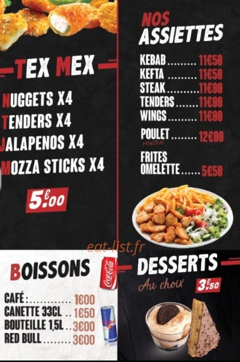 Carte et menu de O'Coq Food à Farebersviller — Les assiettes, tex mex et boissons,...